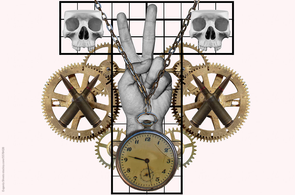Collage with hand showing victory sign, clock, gears and skulls