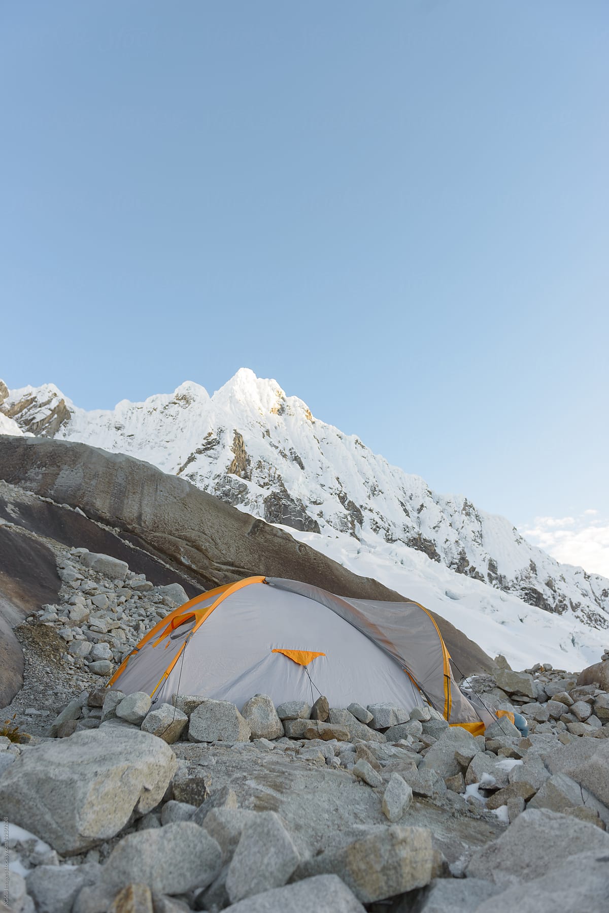 Basecamp on craggy terrain in Cordillera Blanca, Peru