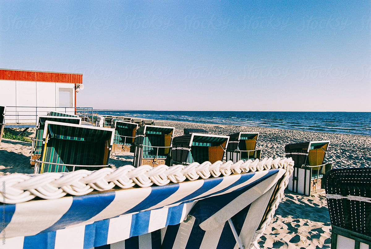 Roofed Wicker Beach Chairs on Baltic Sea Beach Shot on Film
