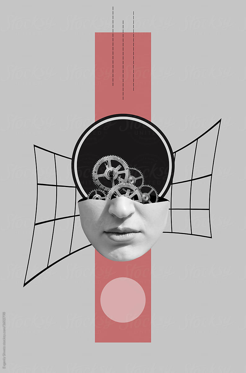 Digital collage with female head with a gears inside