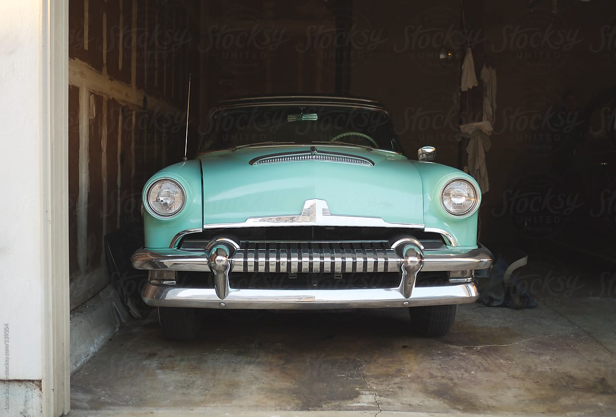 Vintage car in a garage.