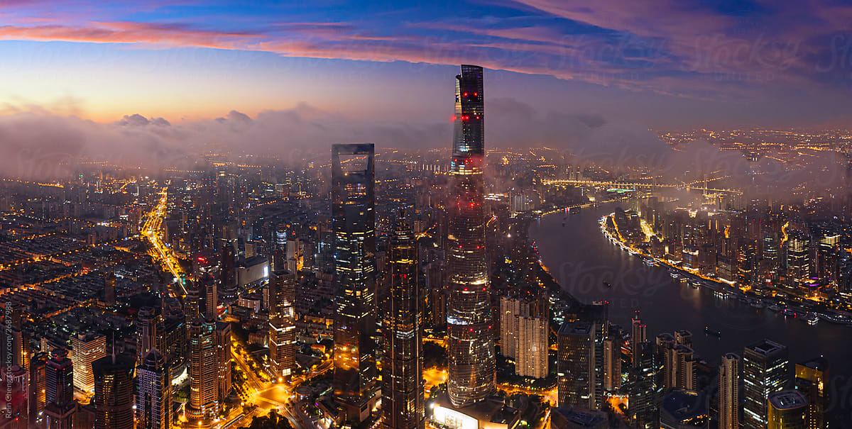 Sunrise aerial photography of Shanghai's landmark building skyline,China