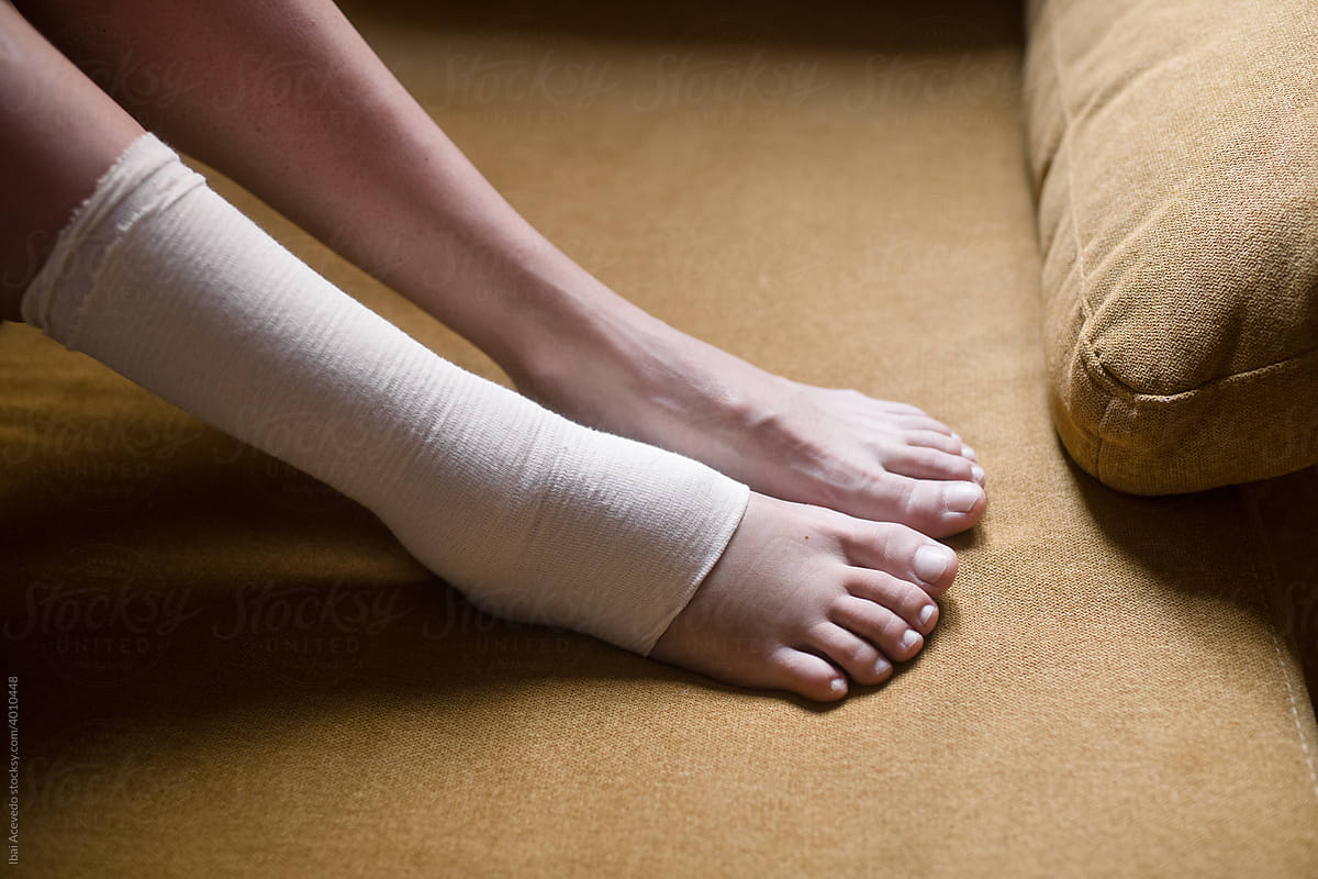 Detail of an injured and bandaged ankle