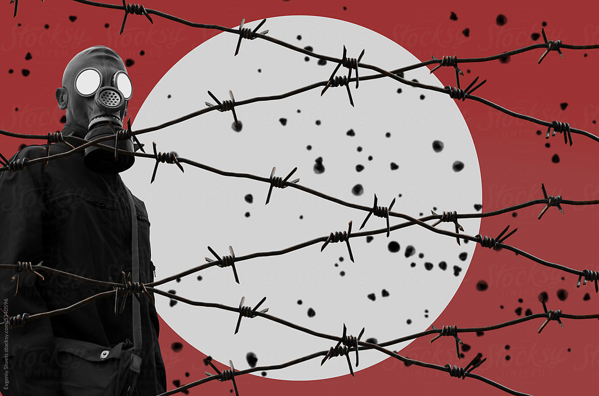 Collage Art With Soldier In Gas Mask Behind Barbed Wire