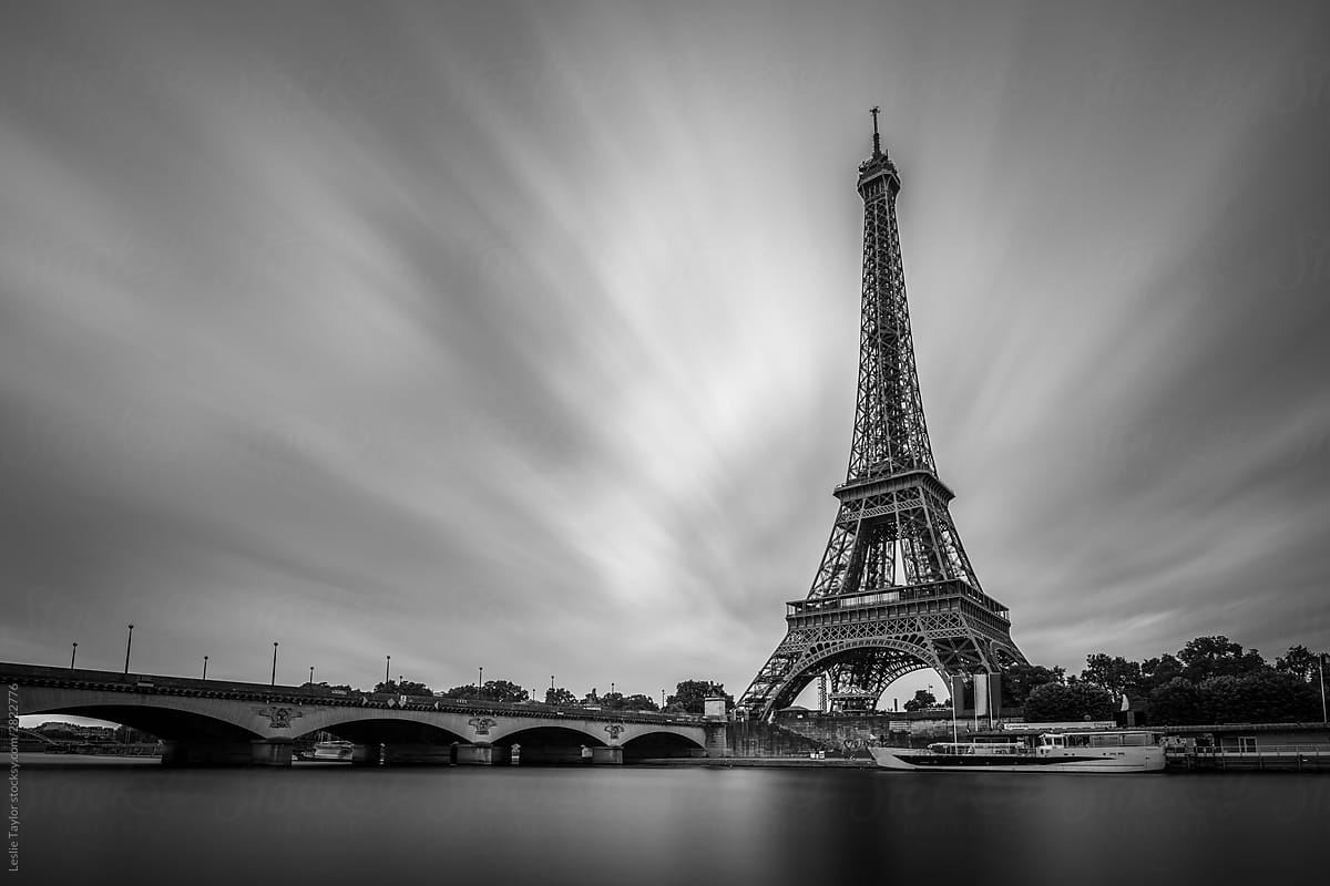 Cloudy Eiffel Tower In Monochrome