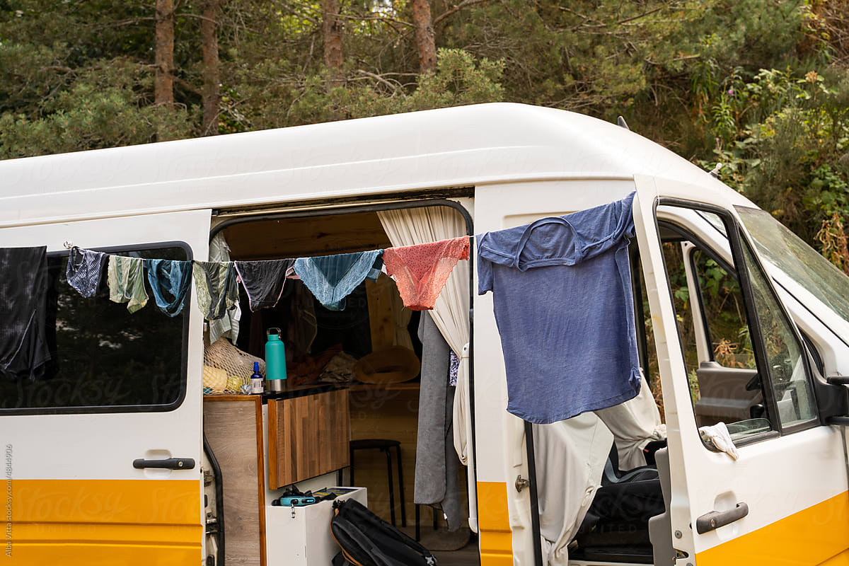 Laundry hanging from camper van