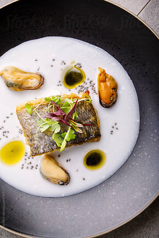 Sea bream with mussel and coconut broth: Overhead shot of a fine dining fish course.