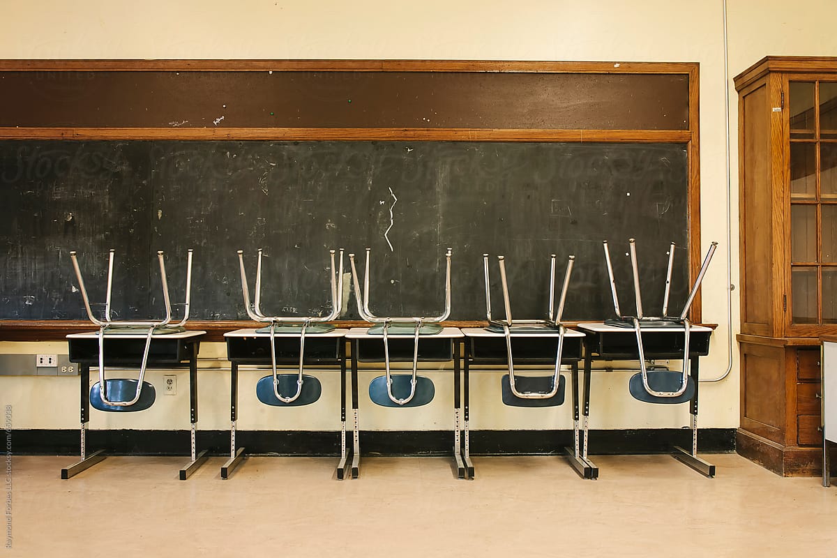 Empty School Classroom with chair and desks