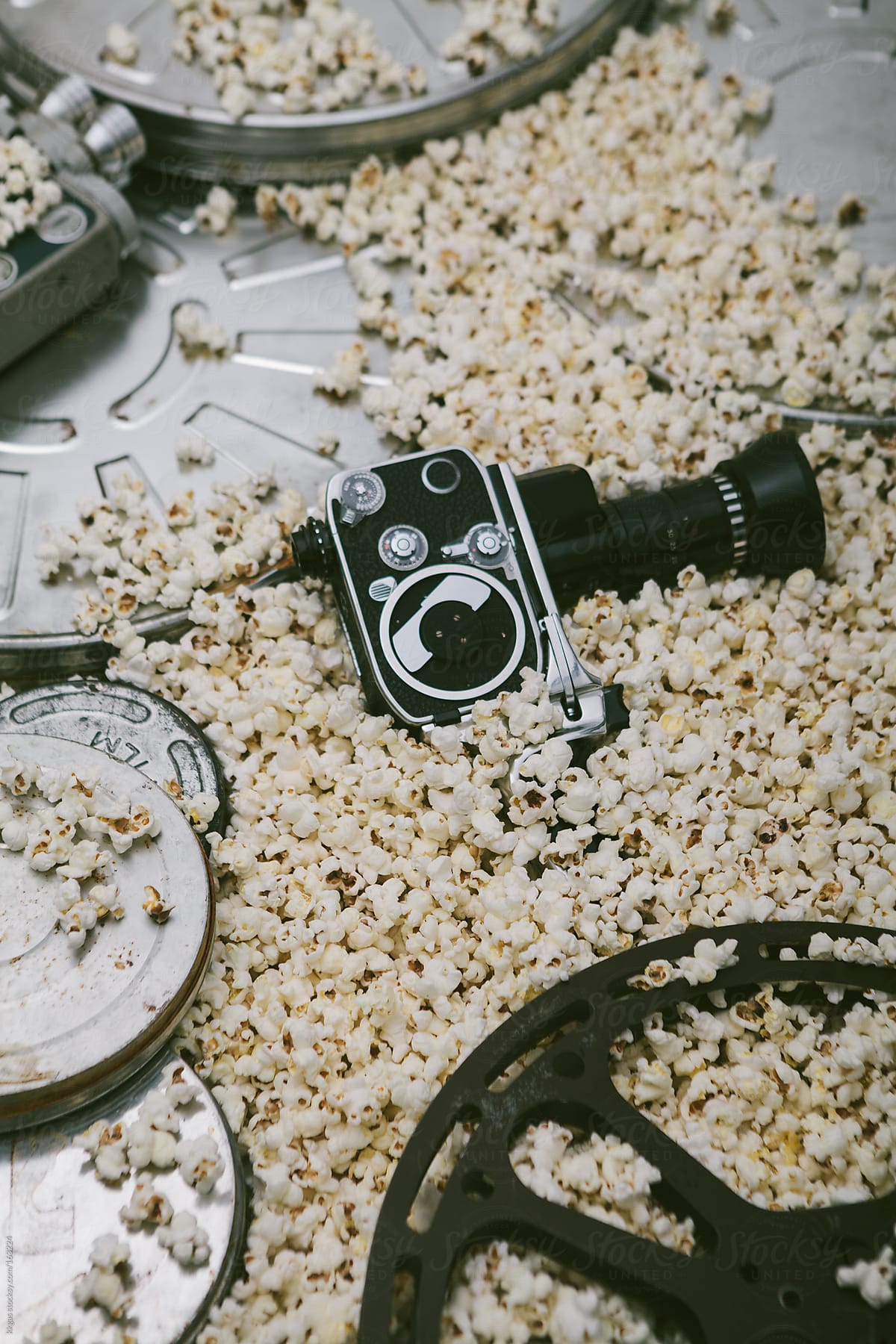 Cinema cameras, reels and popcorn.