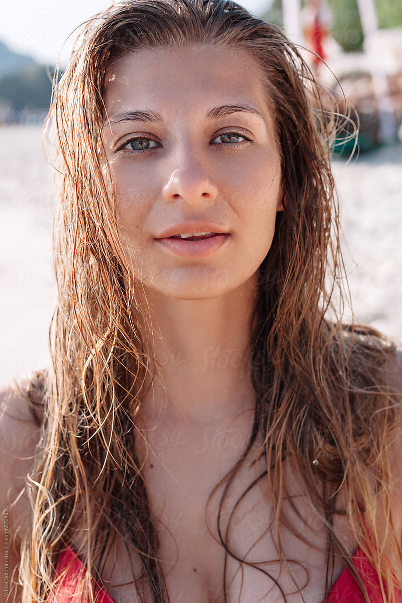 Summer Beach Bikini Style Young Pretty Sensual Tanned Sexy Beautiful Woman Closeup Portrait 