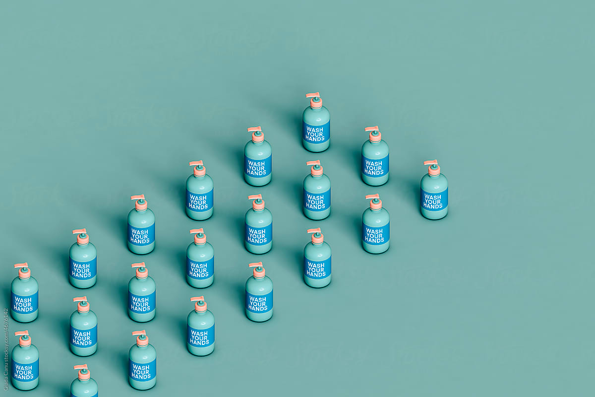 many blue soap bottles. 3d render