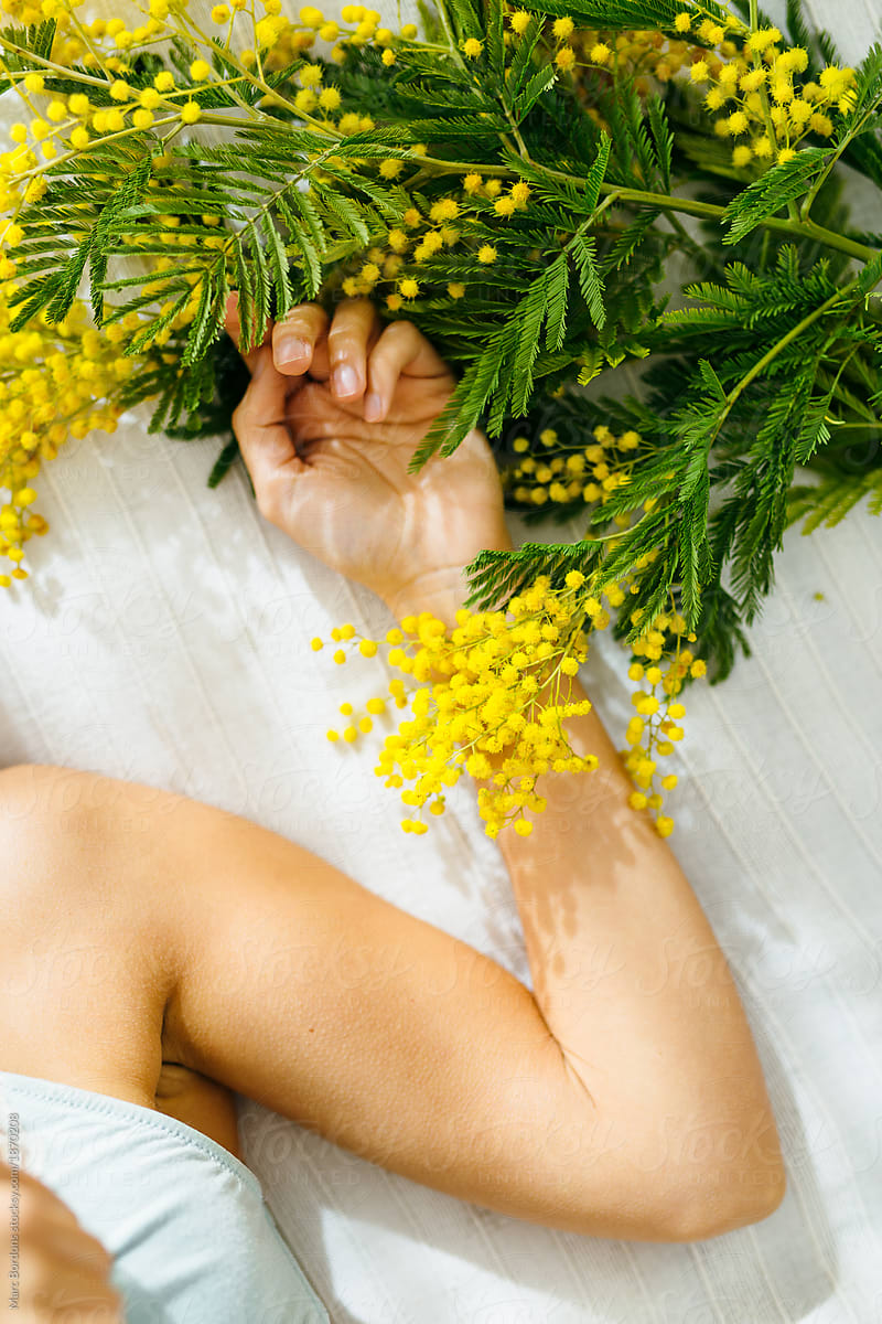 top view of girl arm in a bed with mimosa bouquet