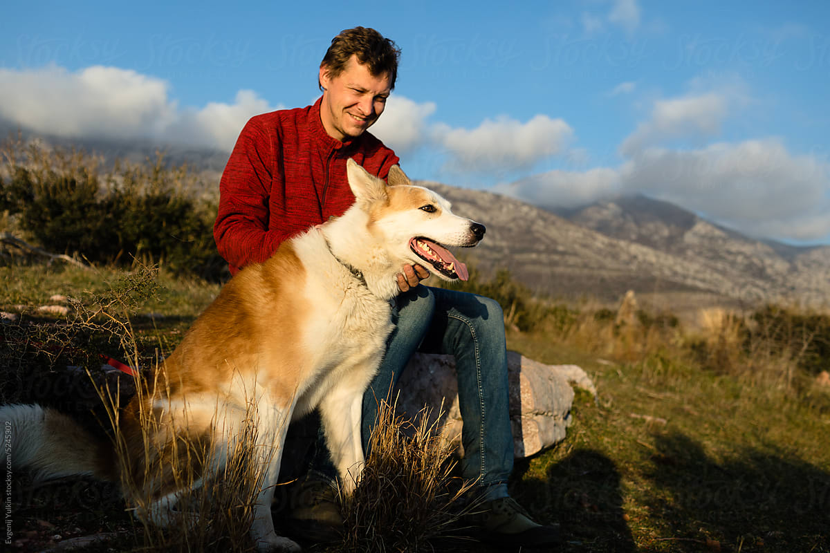 Husky and human in mountains at sunset