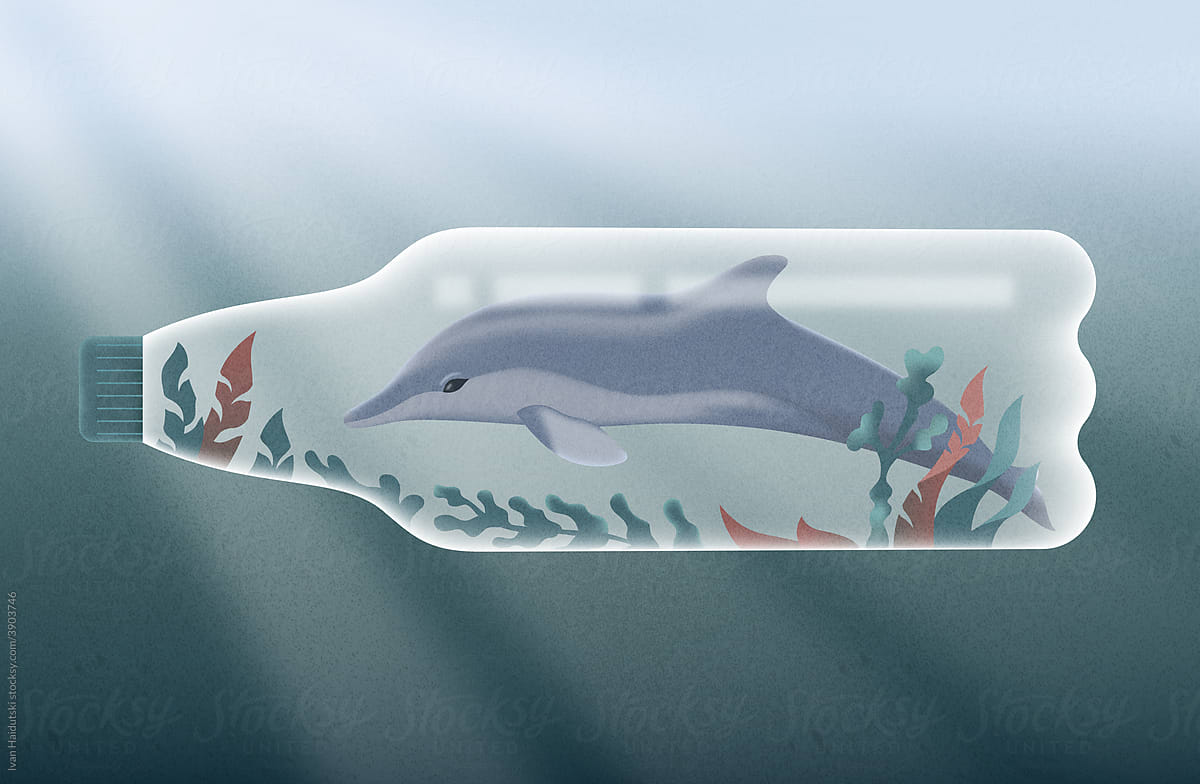 Dolphin in a plastic bottle in ocean illustration