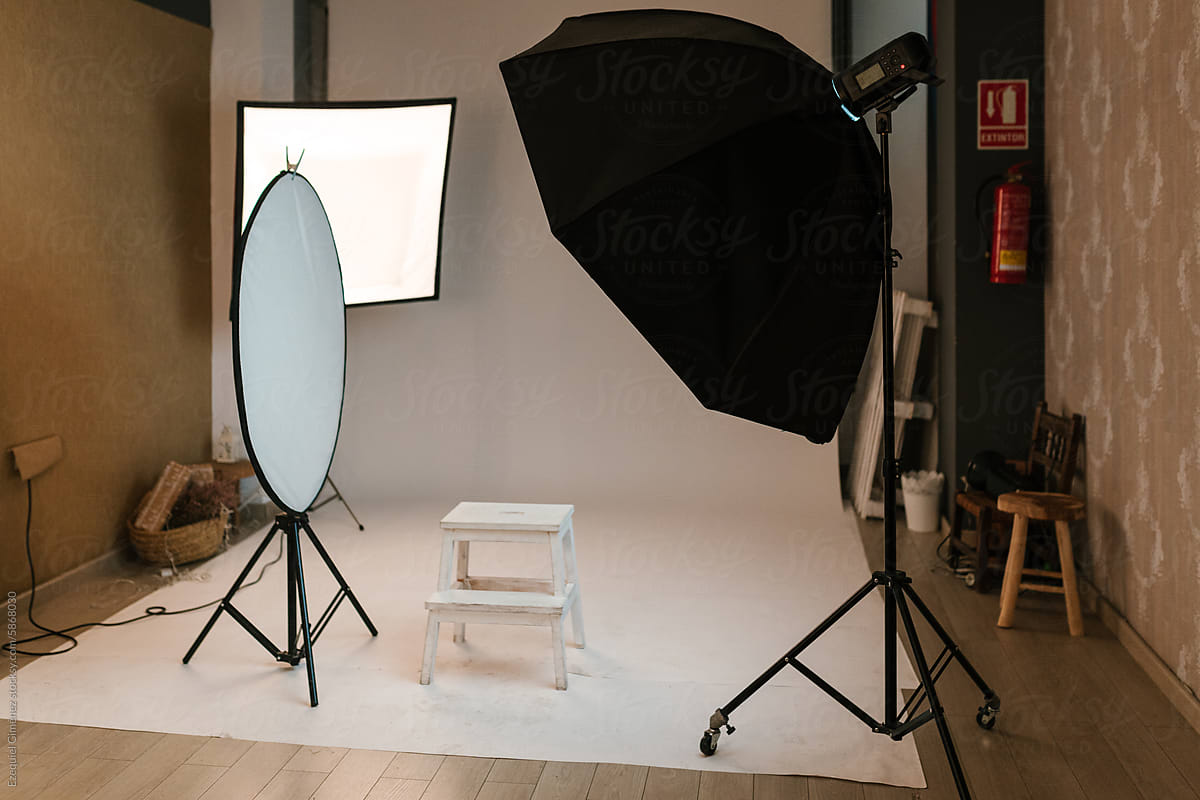 Photo studio interior with equipment and softboxes