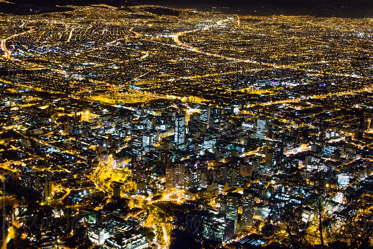 Aerial view of city downtown at night. Bogota, Colombia