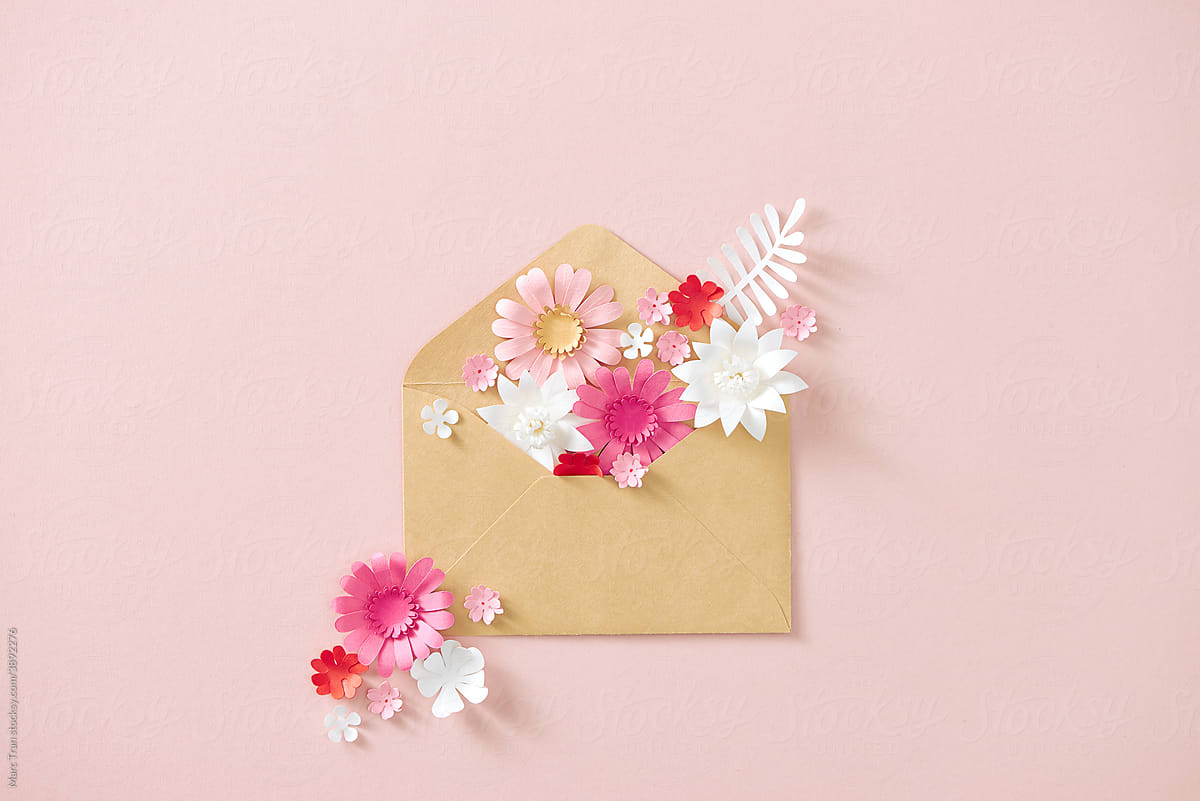 Bouquet of spring flowers inside the envelope