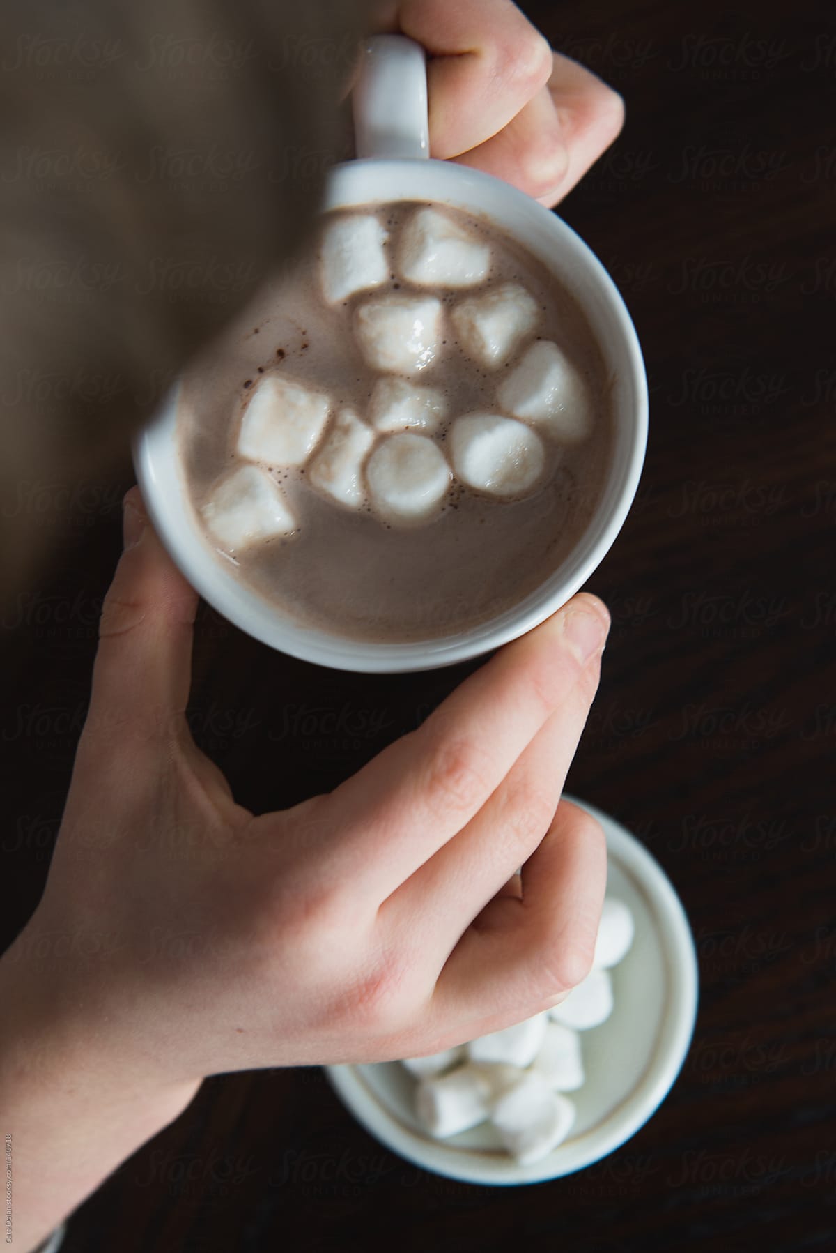 Child holds a cup of hot cocoa with miniature marshmallows