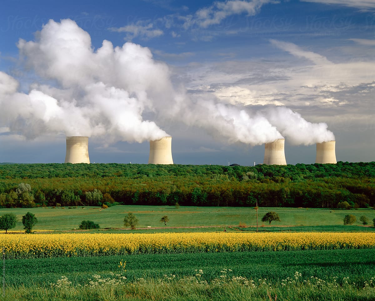 Cooling towers and Oil Seed field, Champagne region, France