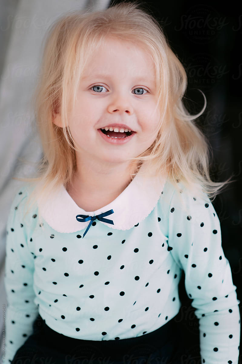 Cute Little Blonde Girl Smiling Portrait By Yakov Knyazev 