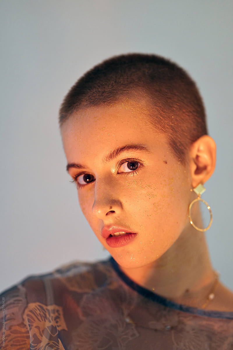 portrait of beautiful bald model woman