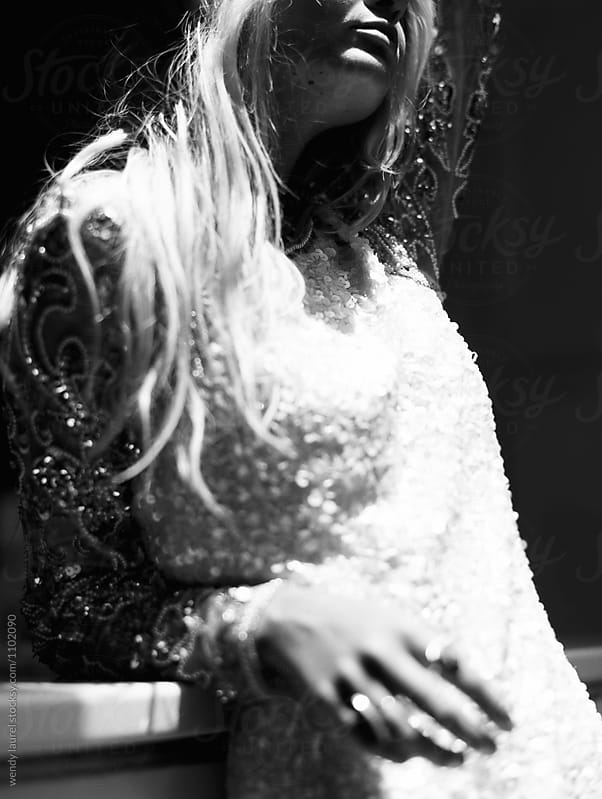 black and white of girl in sequin dress