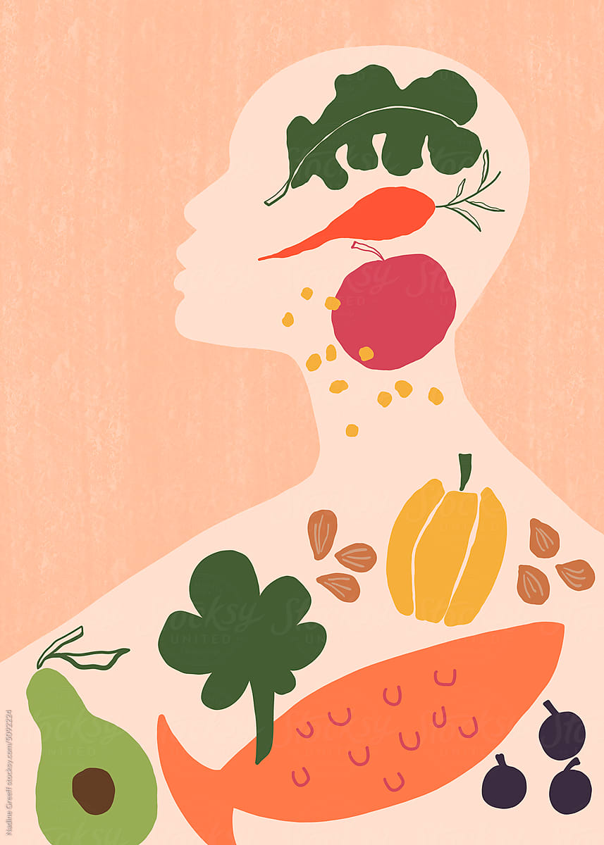 Illustration food microbiome gut brain connection