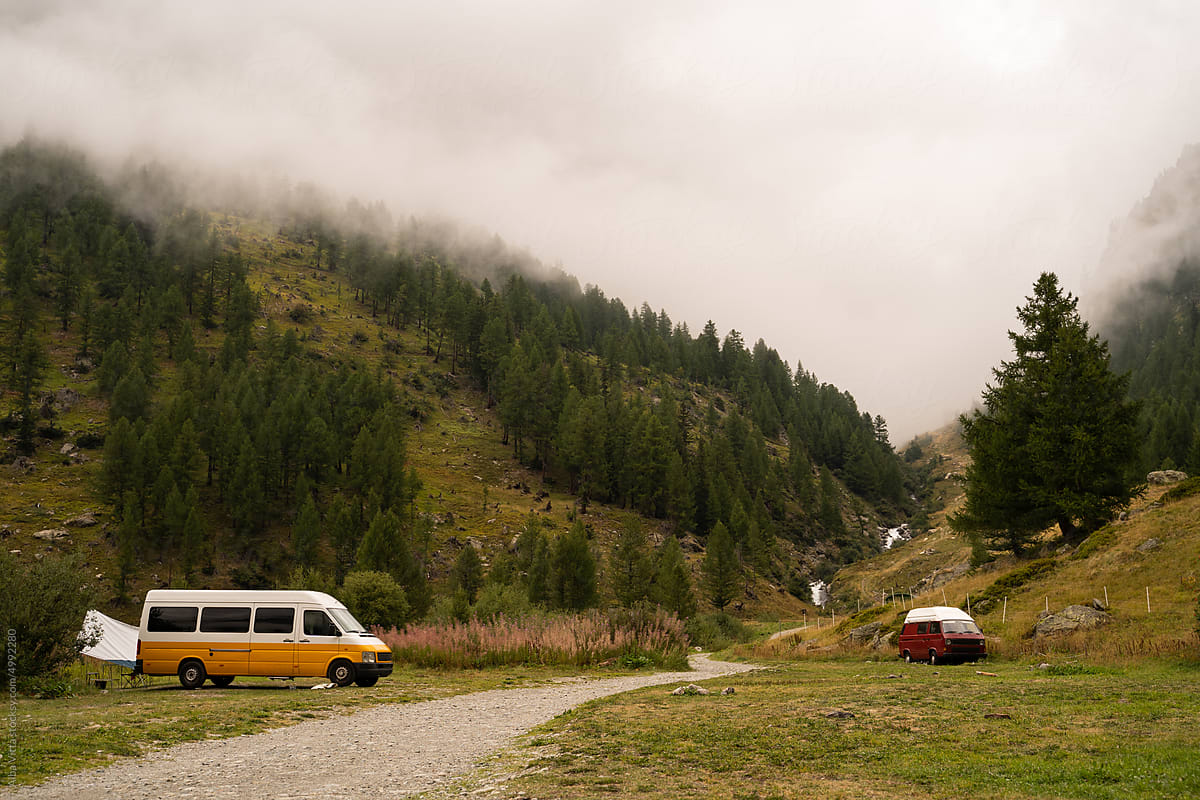 Camper minibus parked in the mountain