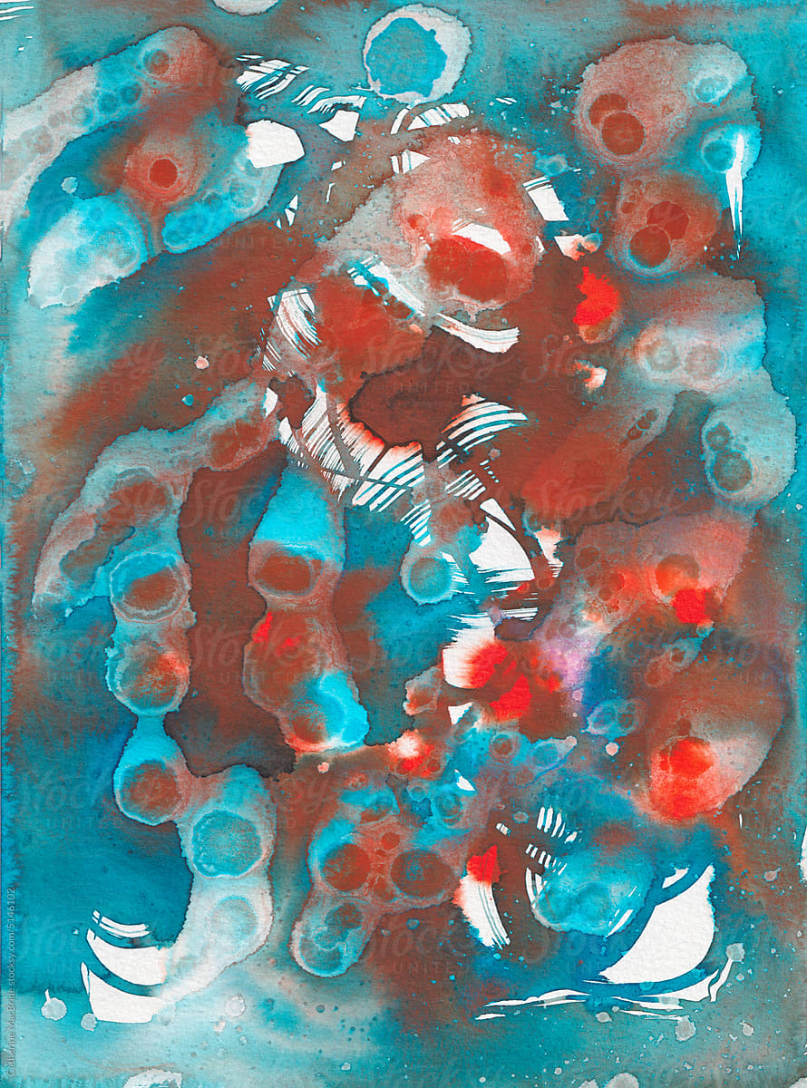 Abstract watercolour paintings in orange and turquoise