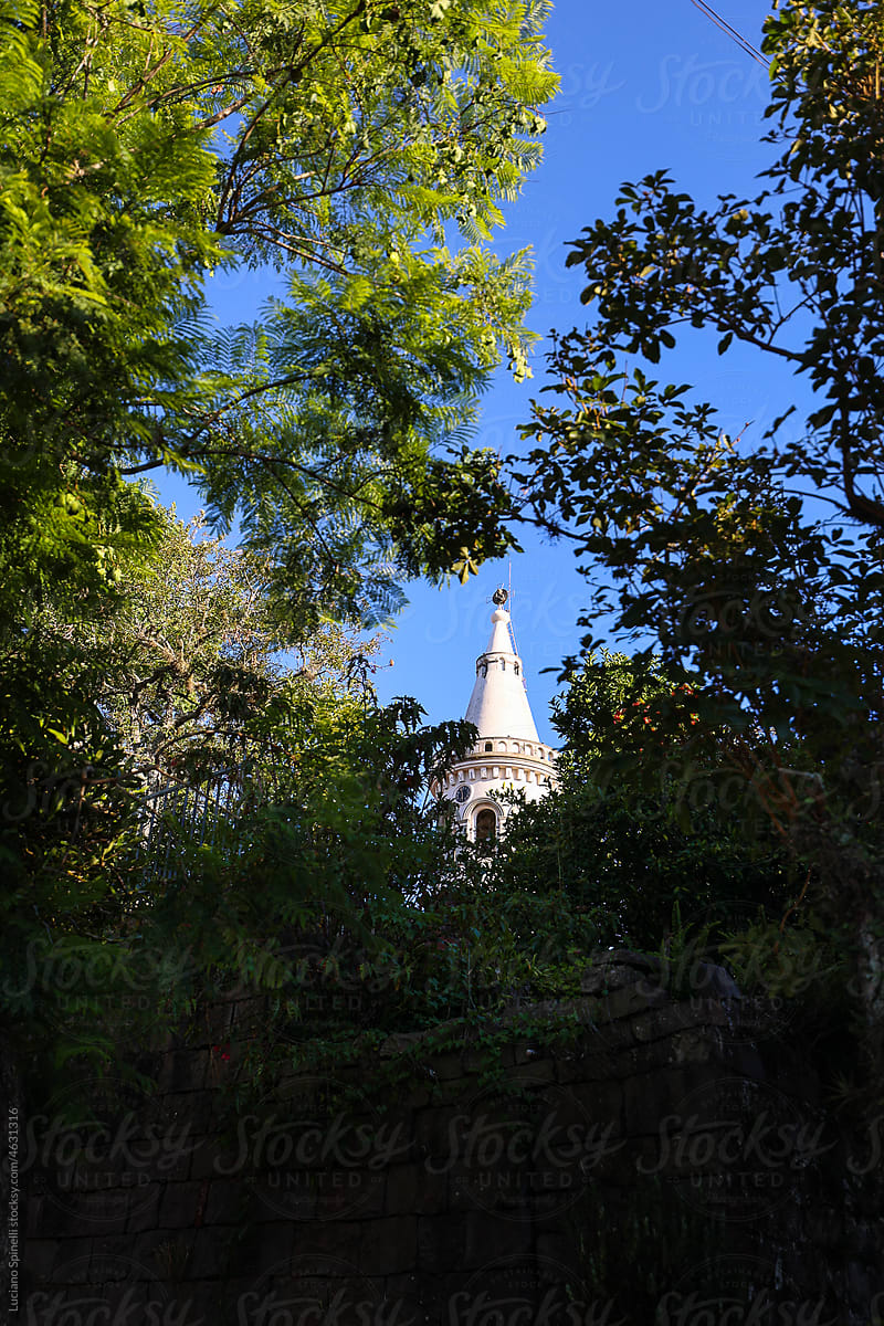 Catholic church seen from inside the forest with tree and green leaves