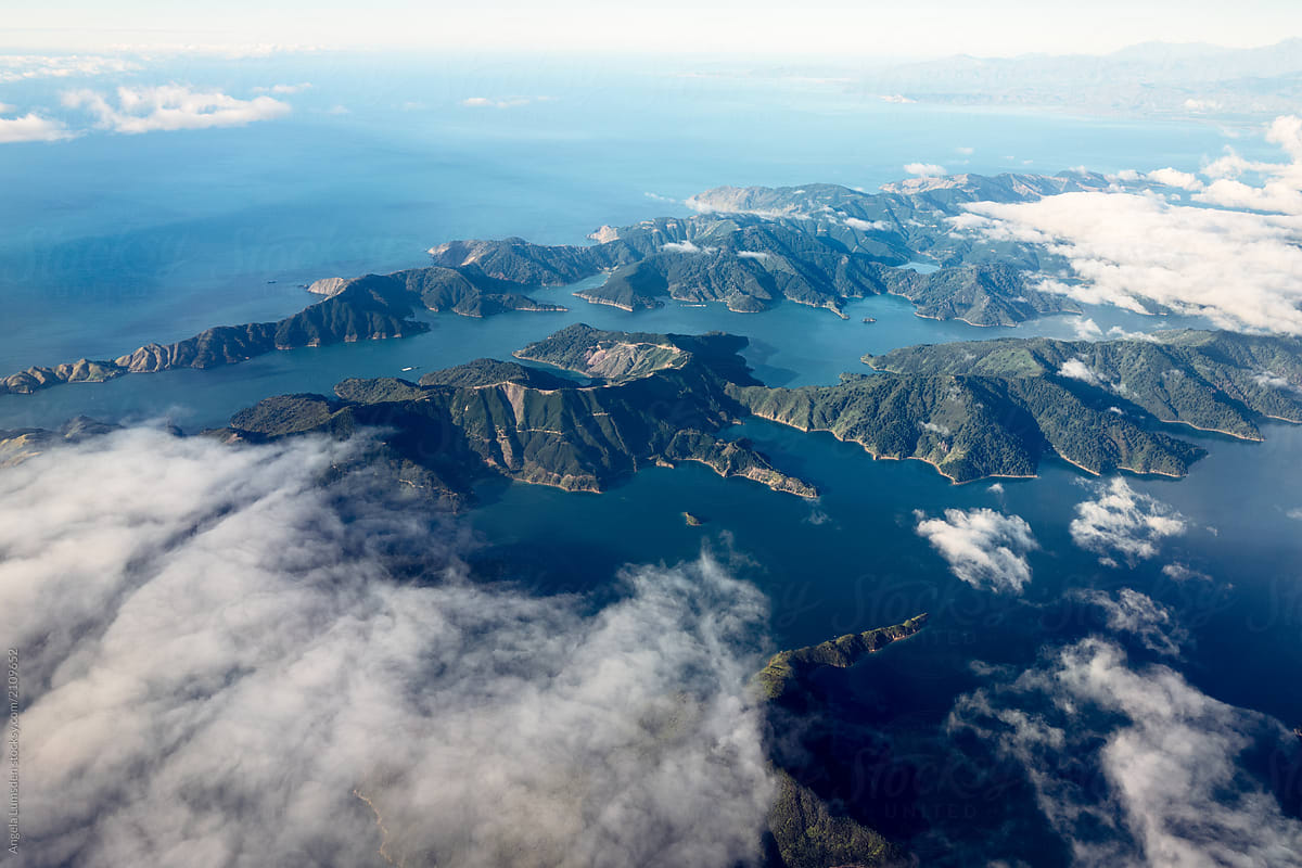 Flight over Queen Charlotte Sound in New Zealand