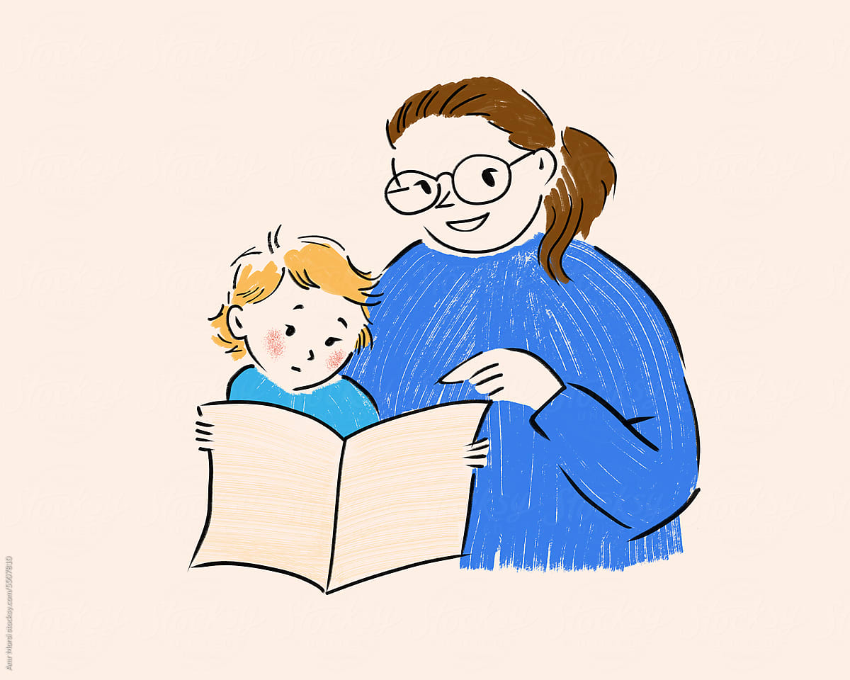 Illustration of A mother reading an engaging story to her baby girl