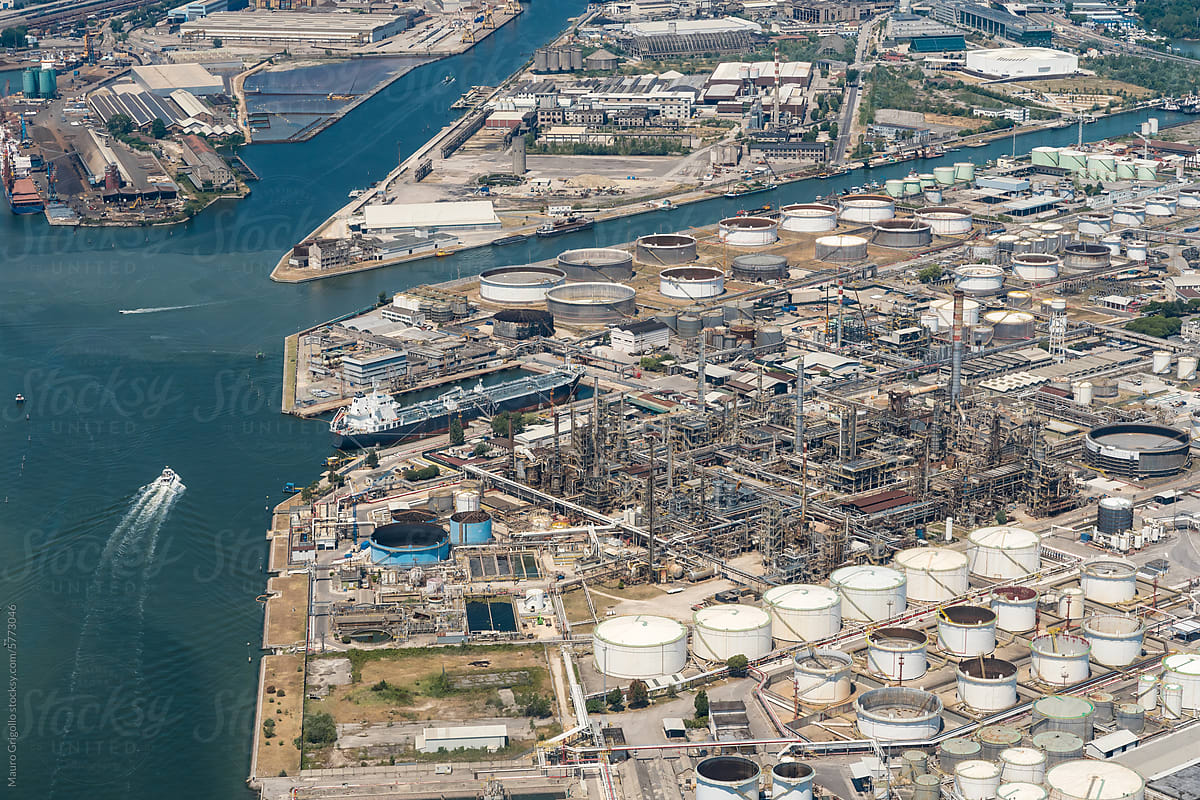 Aerial view of an industrial area near the sea