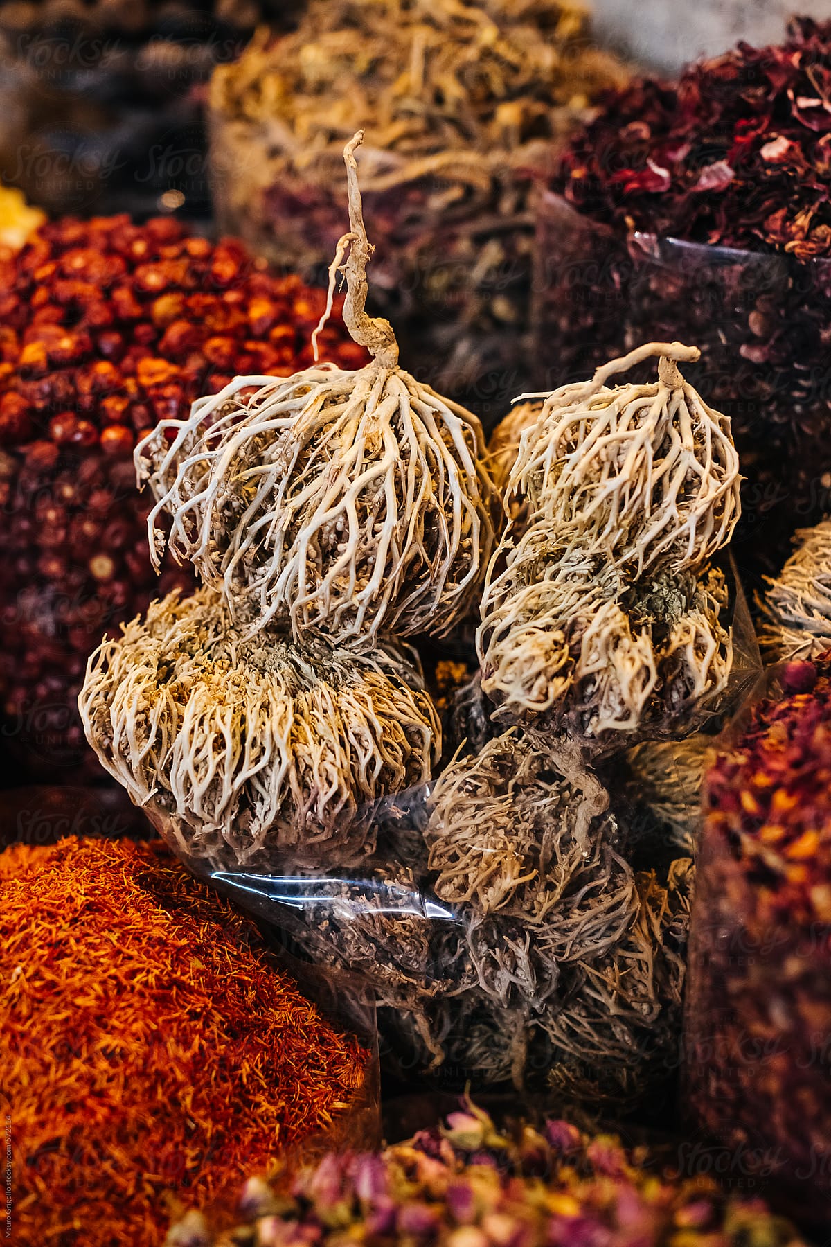 Assortment of spices and herbs at spice souk, Dubai.