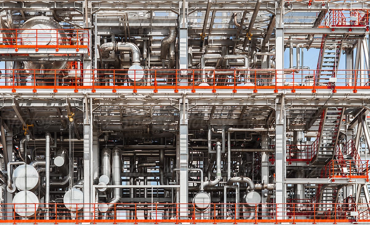 Modern oil / chemical  factory structure with pipes,construction,tubes and valves / close up