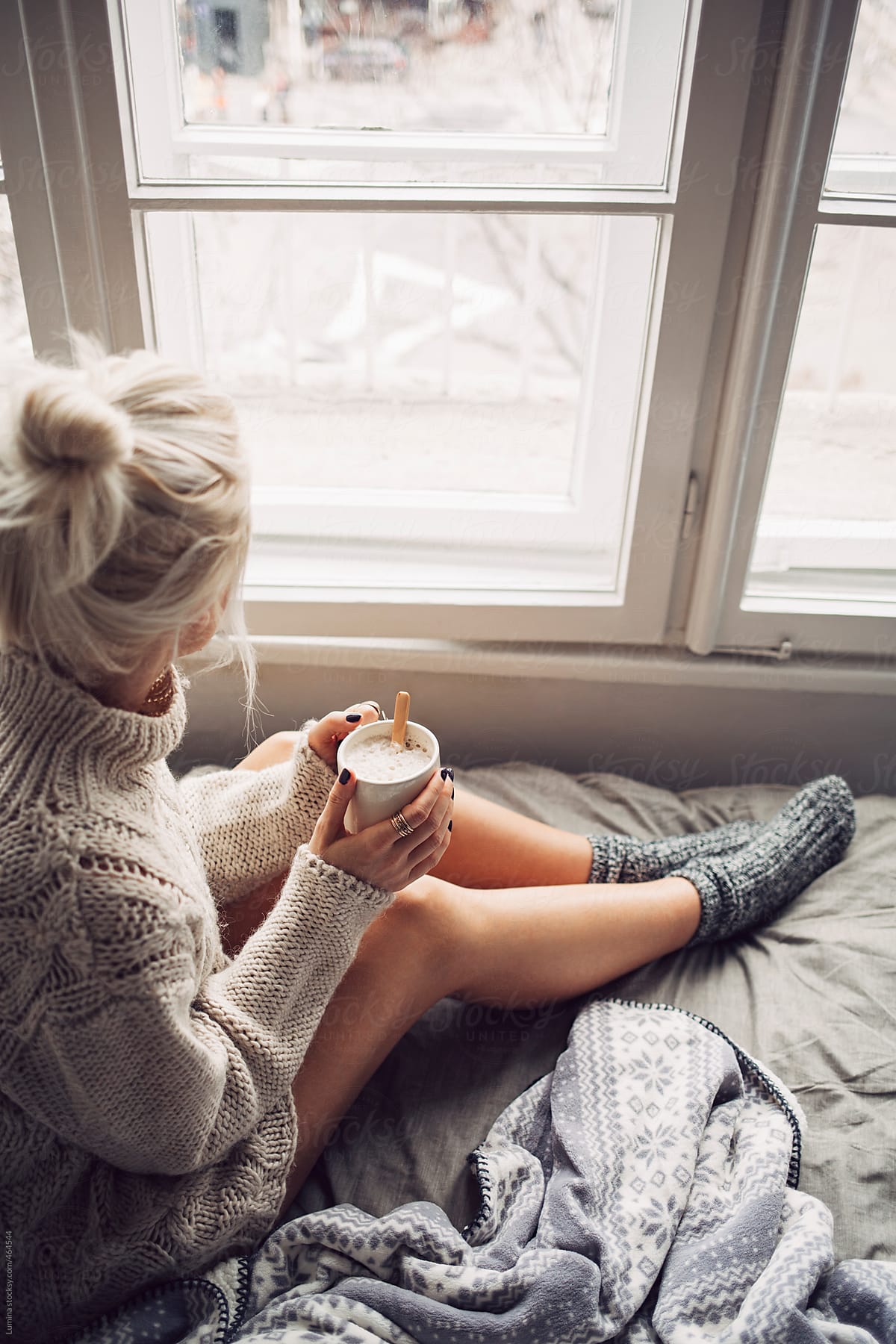 Blonde Woman Drinking Morning Coffee In Bed By Lumina Stocksy United