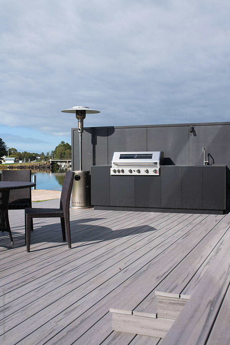 Outdoor entertaining area of riverside residence