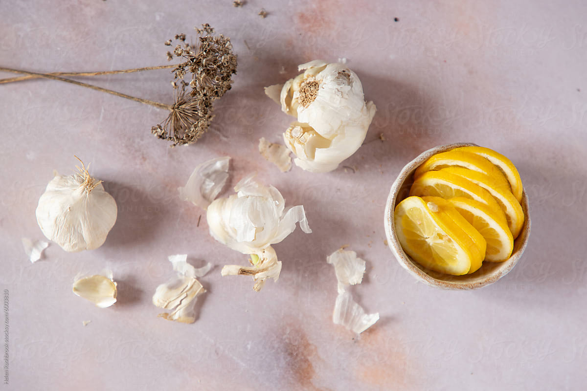 garlic, salt, lemon and garlic chive seeds
