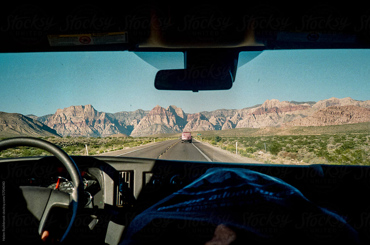 Film scan of view from vehicle driving towards Red Rocks Canyon