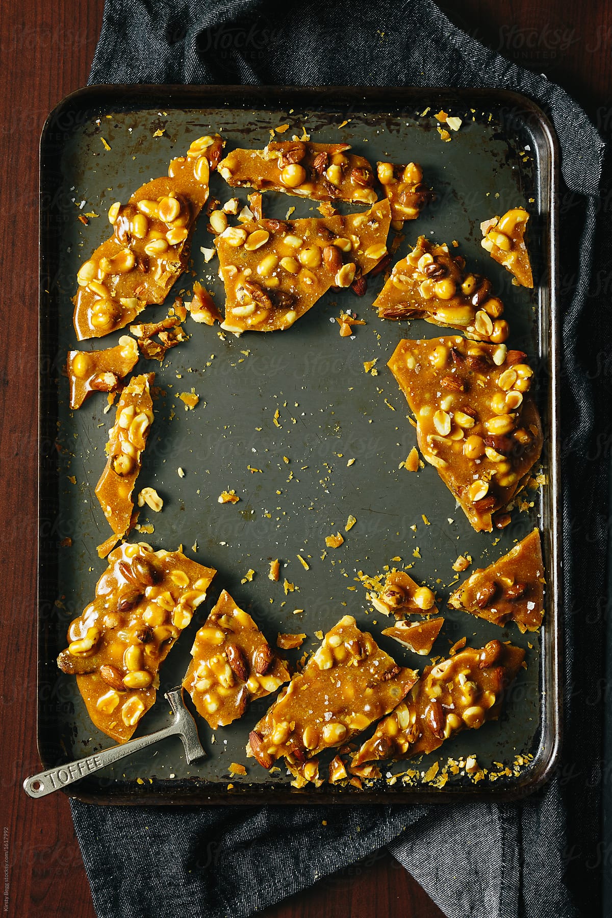 Copy space on baking sheet of nut brittle