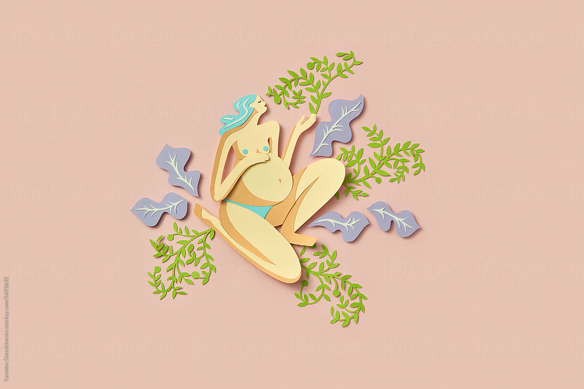 Papercraft composition of naked pregnant woman among growing plants