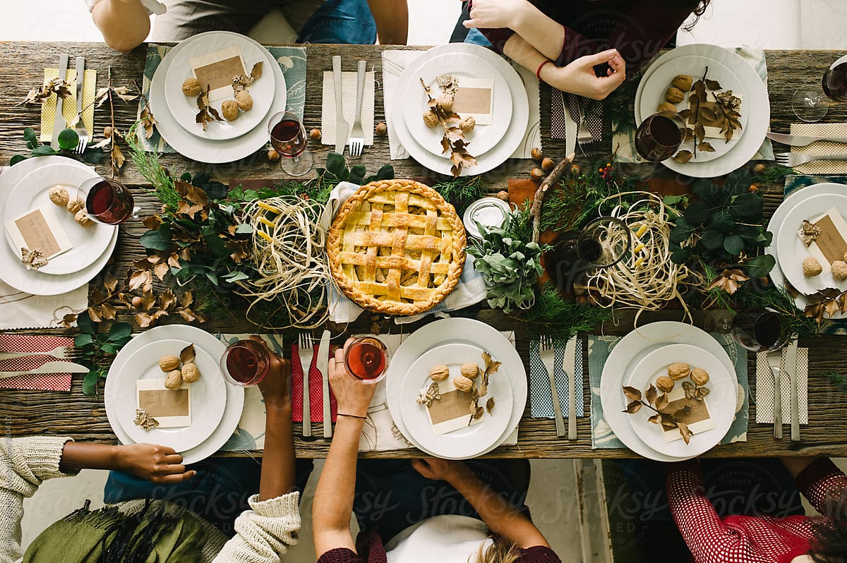 Thanksgiving dinner table with apple pie
