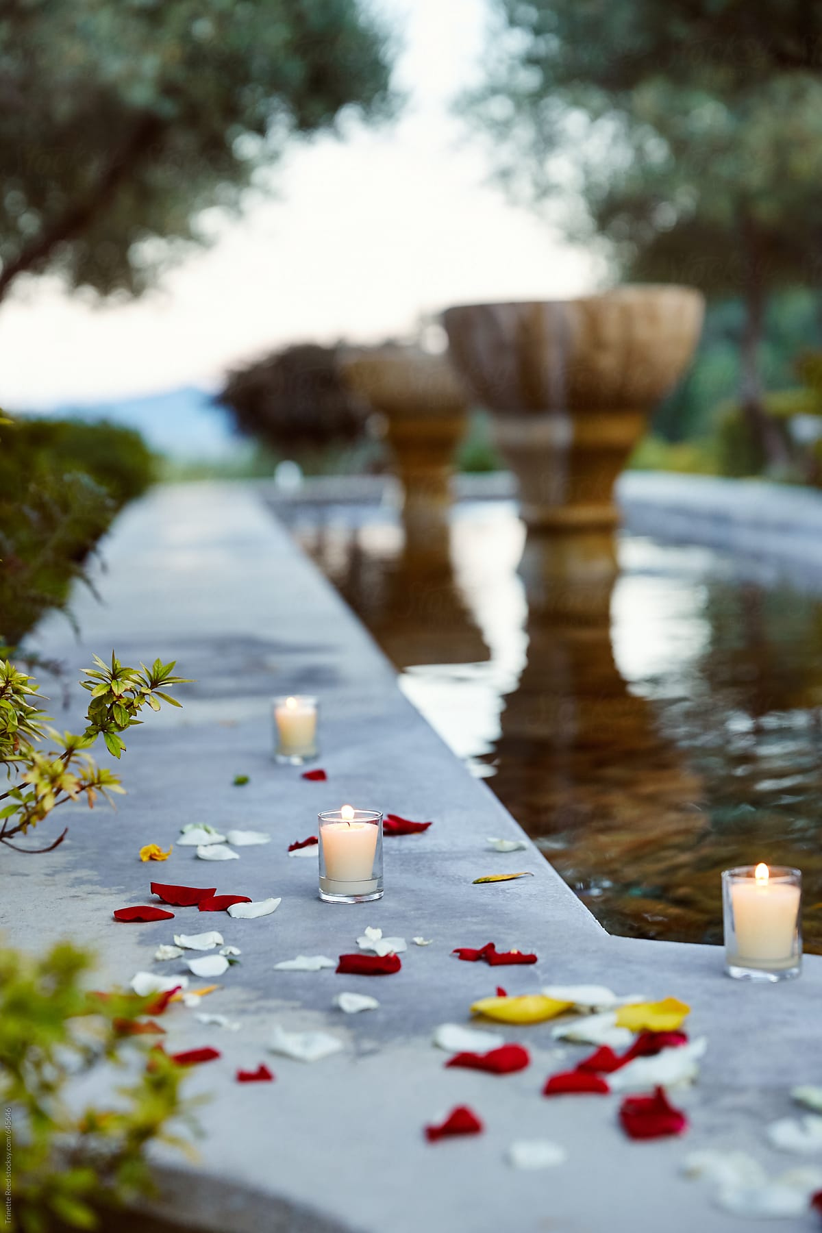 Spa fountain at dusk with rose petals and candles