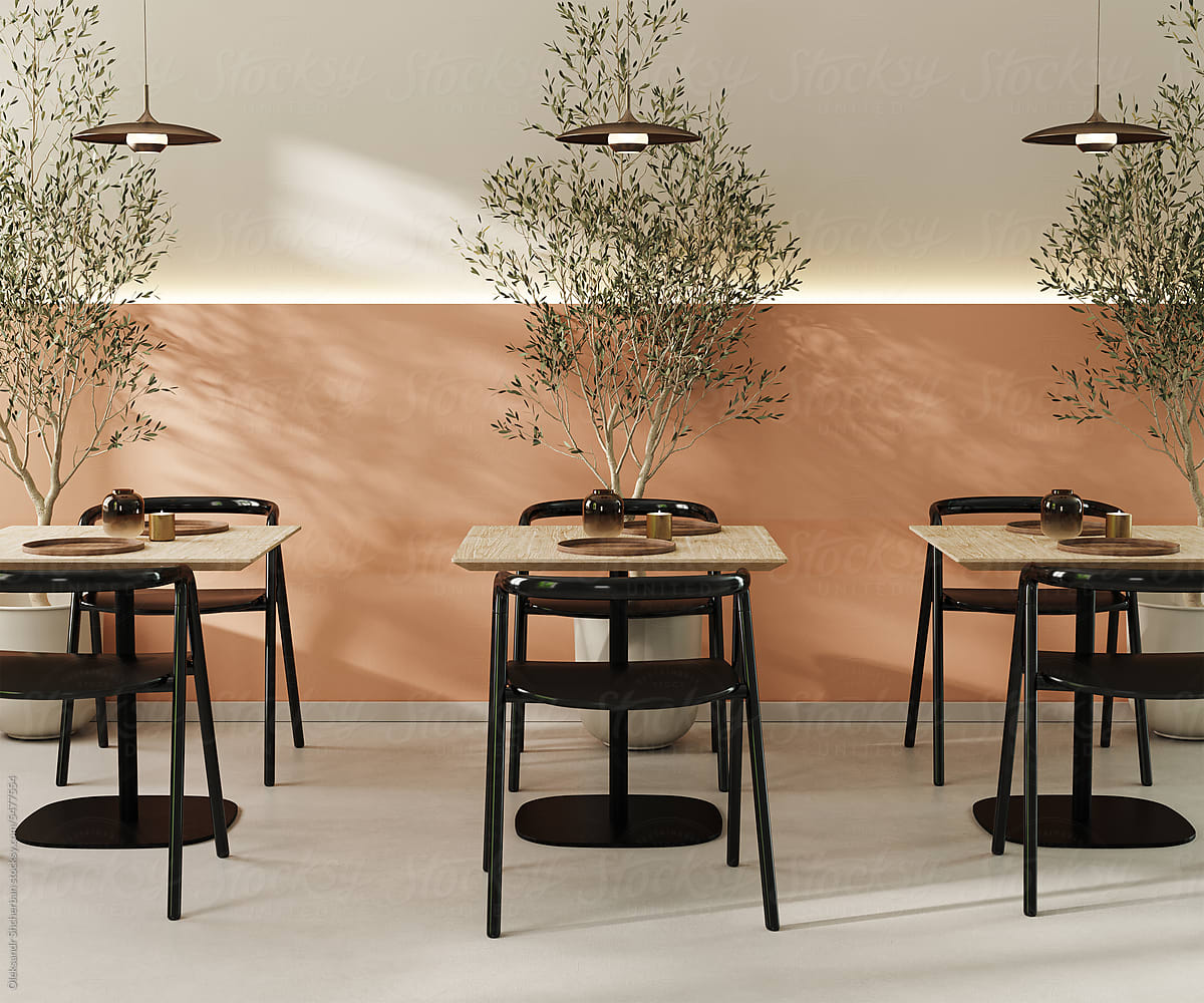 Modern cafe interior in natural style, earth tones, 3d rendering