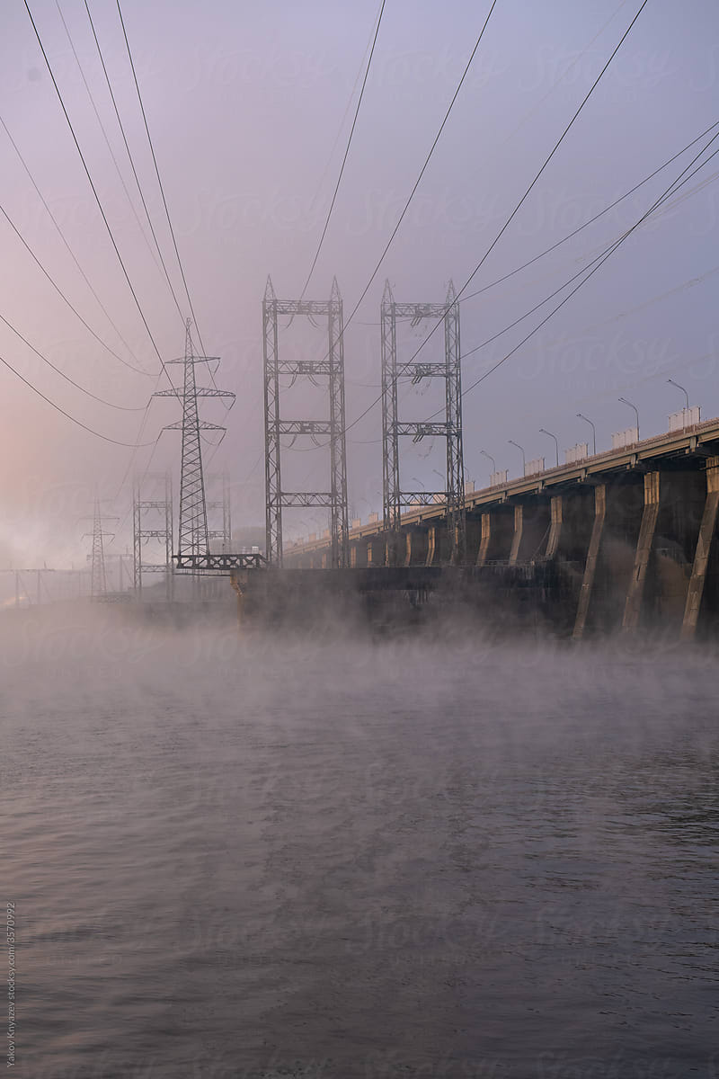 hydroelectric power station on a misty day