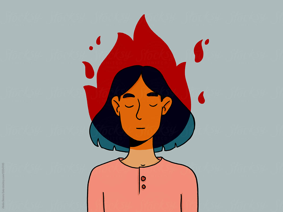 Cartoon woman with head in flame