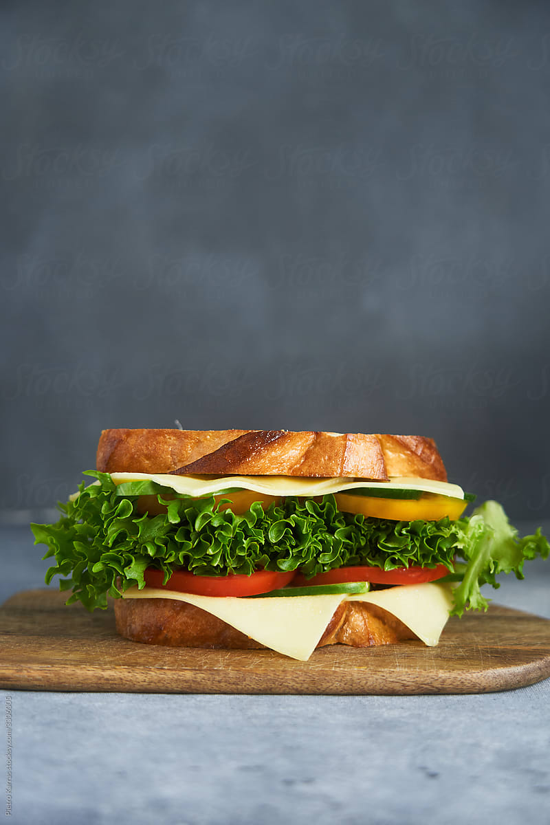 Tasty sandwich on cutting board