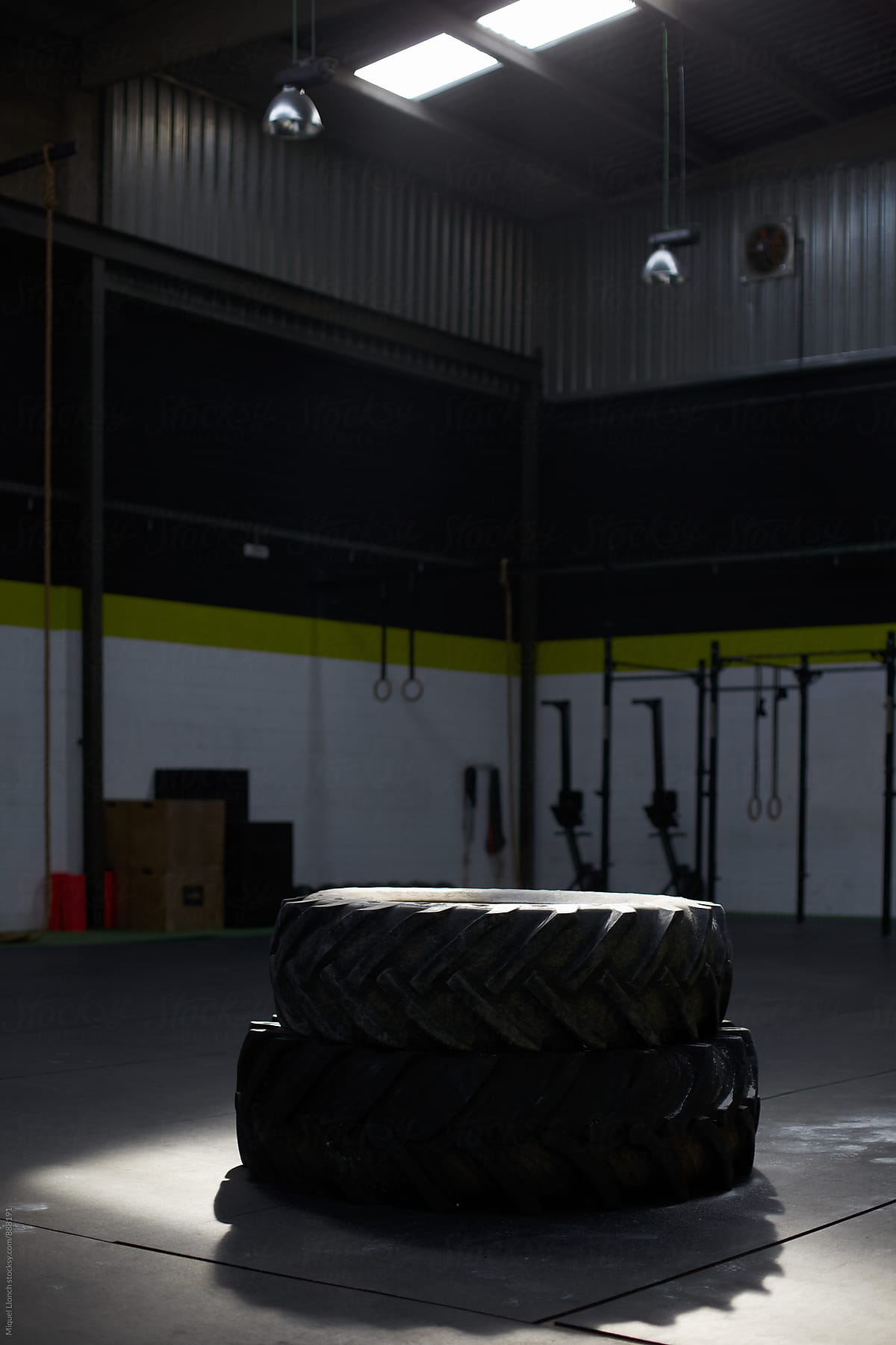 Gym space with two big tires for fitness workout