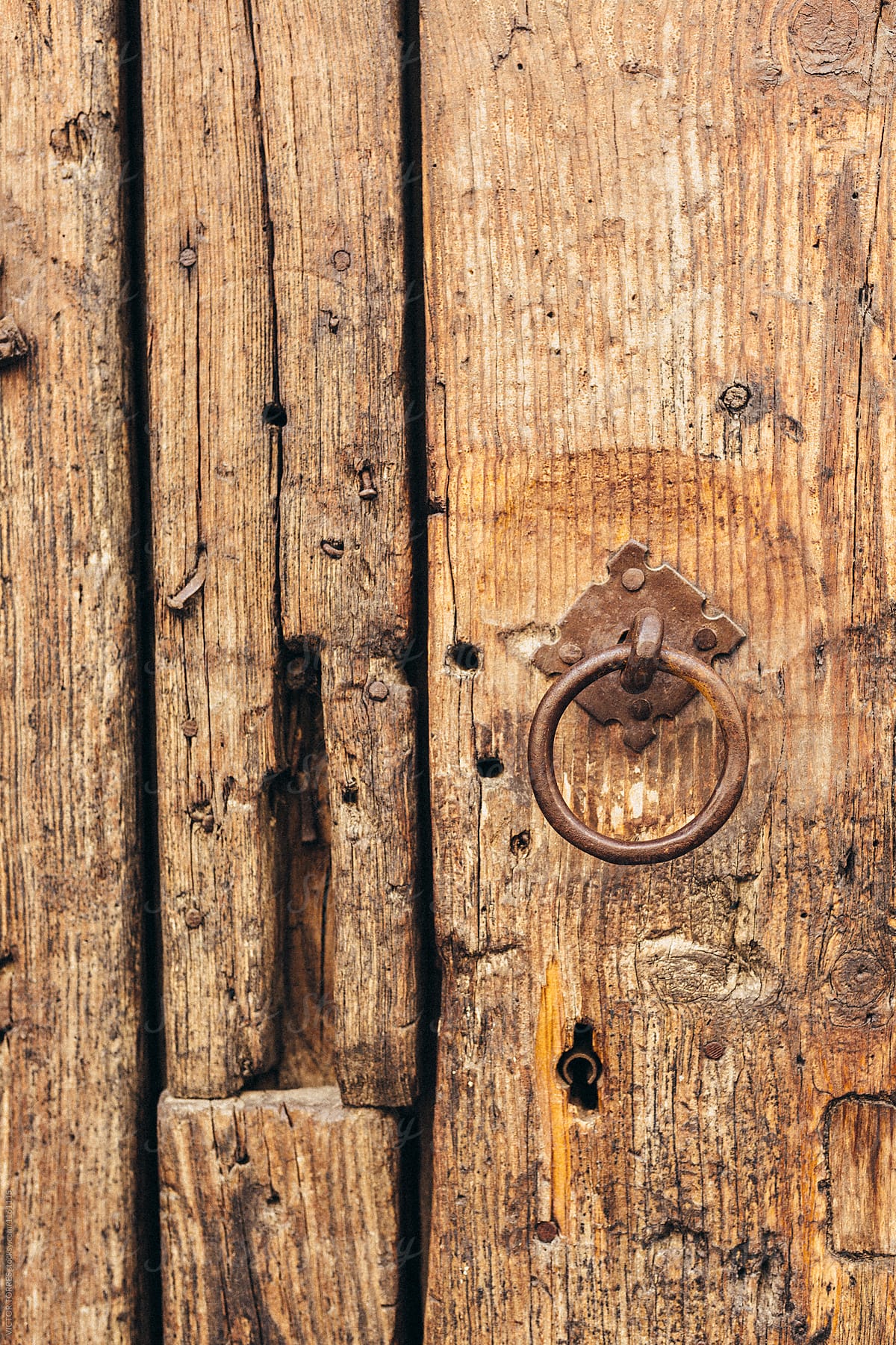 Rusty Ring on a Wooden Old Door