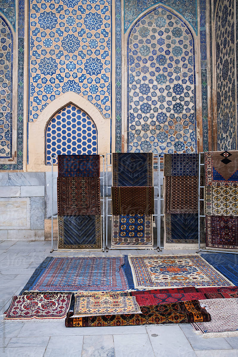 Persian Carpets Displayed Against the Tile Work of an Uzbek mosque